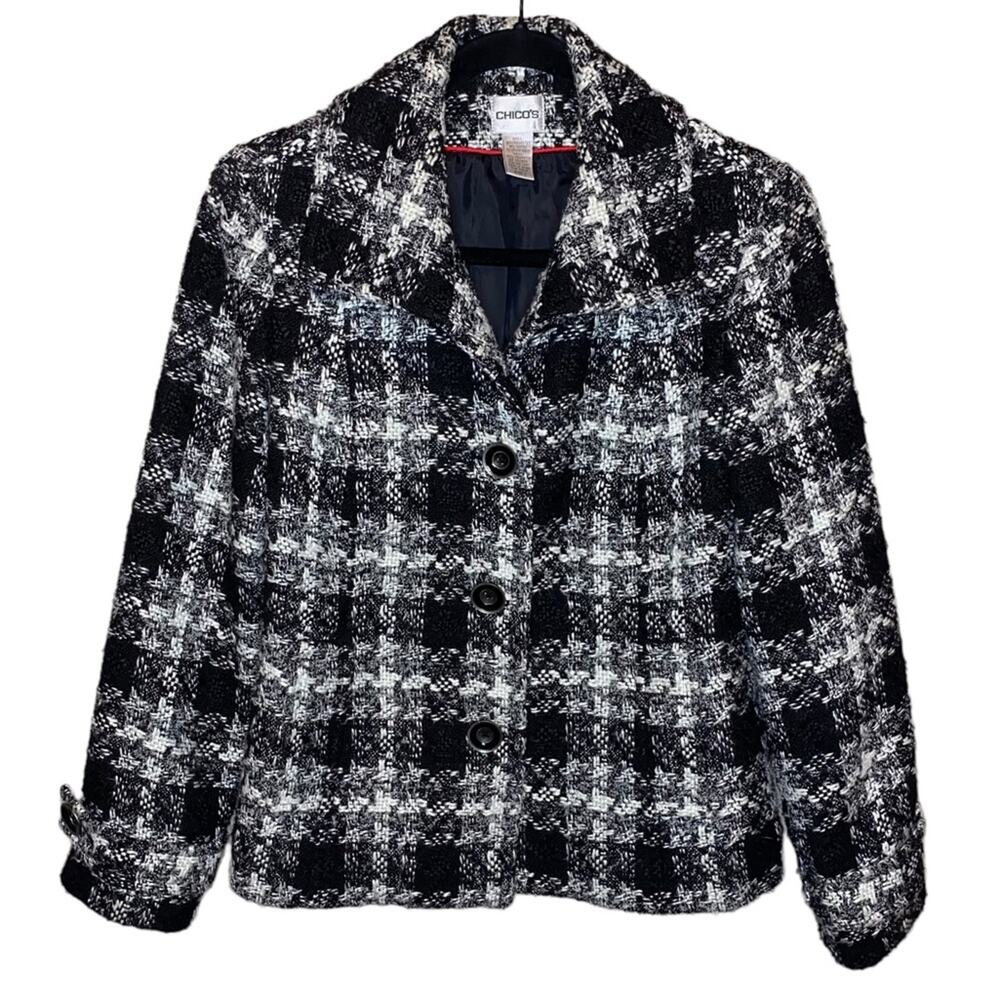Chico's Black‎ White Tweed Plaid Jacket Blazer Size 1